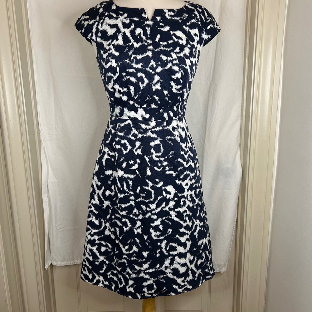 Alex Marie Navy Blue White Abstract Print Career Fit & Flare Dress